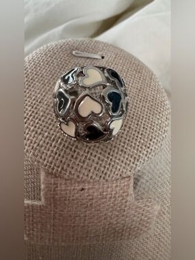 Silver Heart Filigree Dome Ring with Black and Cream Enamel